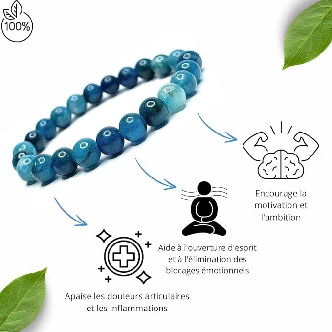 Bracelet en apatite bleue naturelle à perles de 8 mm