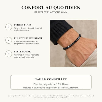 Bracelet Obsidienne Noire & Hématite 6 mm – Homme