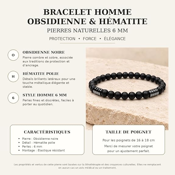 Bracelet Obsidienne Noire & Hématite 6 mm – Homme