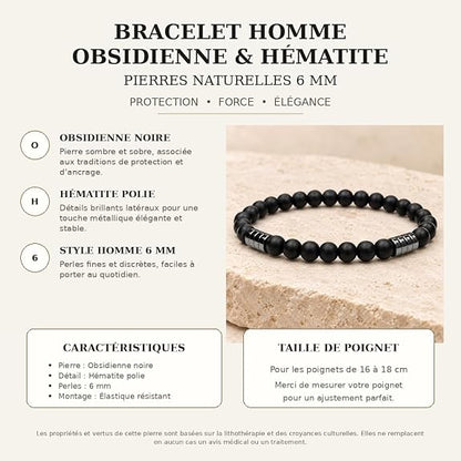 Bracelet Obsidienne Noire & Hématite 6 mm – Homme