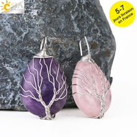 CSJA Tree of Life Crystals Necklace Pendant Water Drop Natural Stone Necklaces Wire Wrap Rose Amethysts Quartz Tiger Eye G953