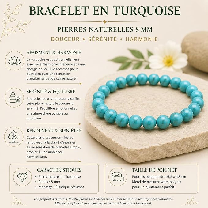 Bracelet Turquoise Naturelle 8 mm – caractéristiques et taille de poignet
