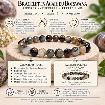 Infographie bracelet Felicidade en agate du Botswana naturelle 8 mm
