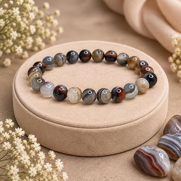 Bracelet Felicidade en agate du Botswana naturelle 8 mm en mise en scène minérale