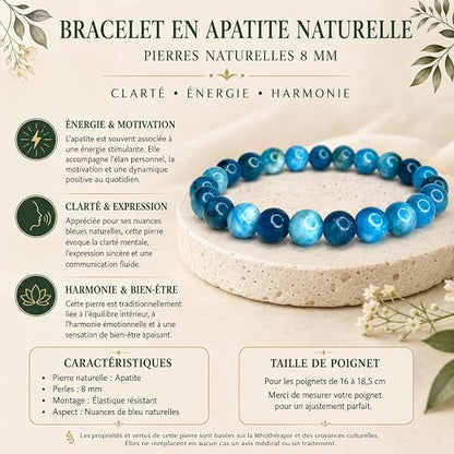 Infographie bracelet Felicidade en apatite naturelle 8 mm