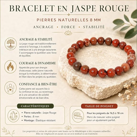 Infographie bracelet Felicidade en jaspe rouge naturel 8 mm
