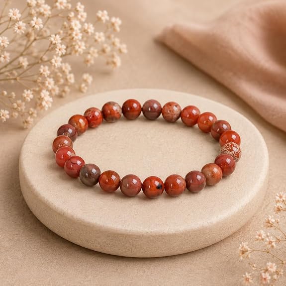 Bracelet Felicidade en jaspe rouge naturel 8 mm en mise en scène minérale
